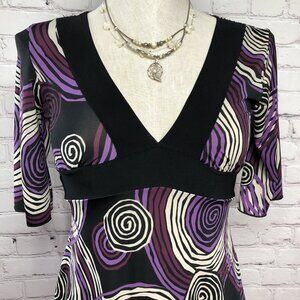 Vtg Purple Black Y2K Babydoll V Neck Groovy Artsy Pullover Top Sz Small